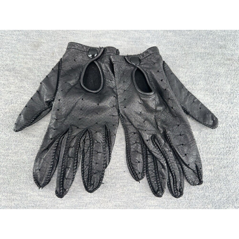 GRANDOE Men's Vintage Size Large Black Leather Perforated Driving Gloves AS